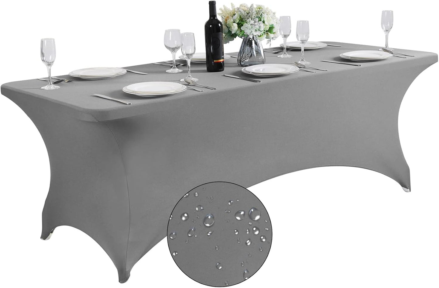 SuperO Waterproof Spandex Table Cover for 8FT Table Universal Fitted Stretch Tablecloth for Party, Banquet, Wedding and Events-Gray