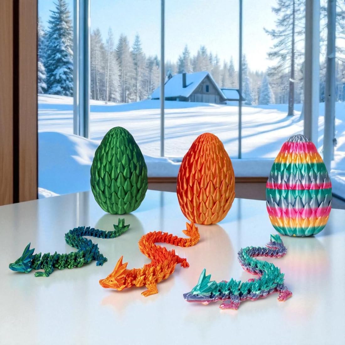 3PCS 3D Printed 12” Articulated Crystal Dragon Inside 5.1” Egg – Fantasy Collectible, Fidget Toy & Stocking Easter Basket Stuffers for Home & Office Decor (3pcs - Rainbow)