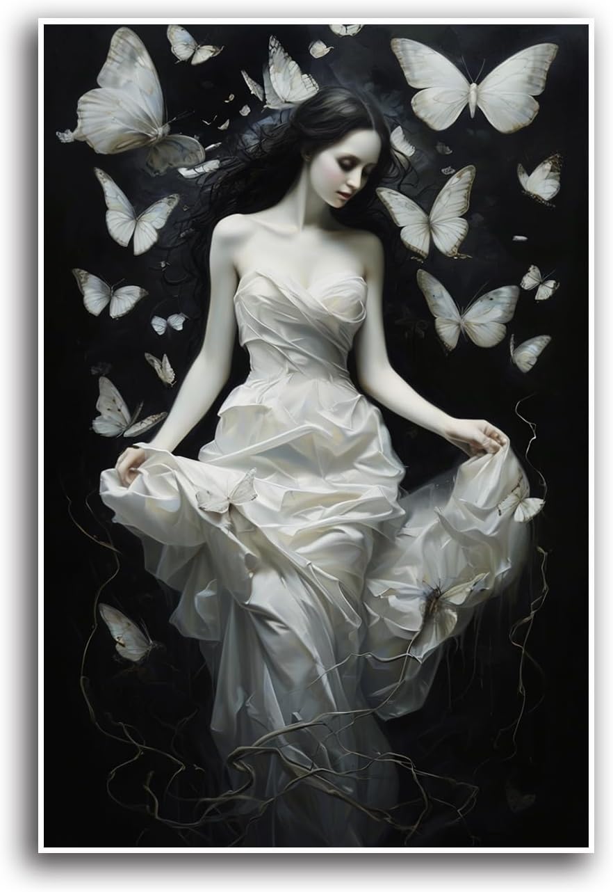 JFHCQJPK Vintage Gothic Feminine Canvas Wall Art Print Butterfly Poster Moody Preppy Wall Art Dark College Decor for Home Bedroom16x24in Frameless