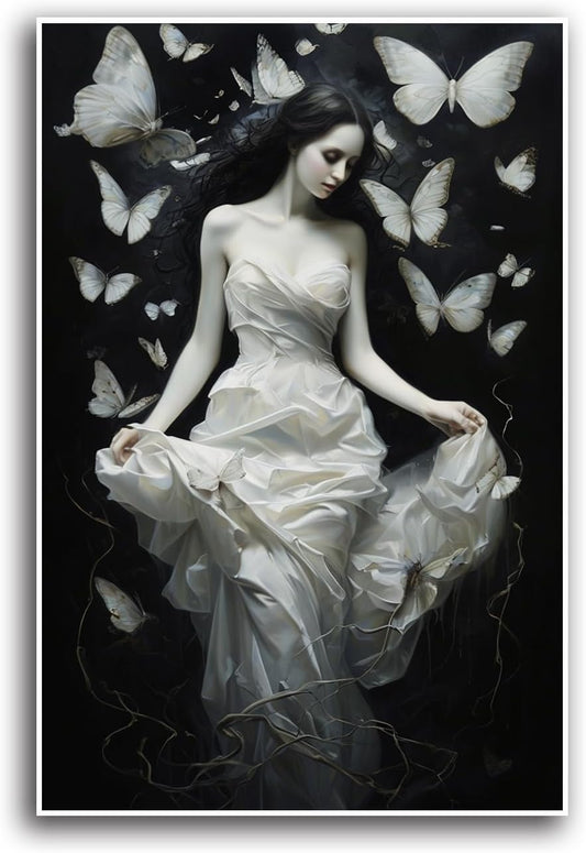JFHCQJPK Vintage Gothic Feminine Canvas Wall Art Print Butterfly Poster Moody Preppy Wall Art Dark College Decor for Home Bedroom16x24in Frameless