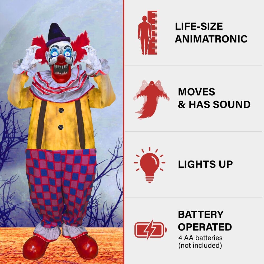 Haunted Hill Farm Motion-Activated Startling Arms Clown by Tekky, Talking Scare Prop Halloween Animatronic for Indoor or Covered Outdoor Creepy Halloween Decorations, Plug-in or Battery Operated
