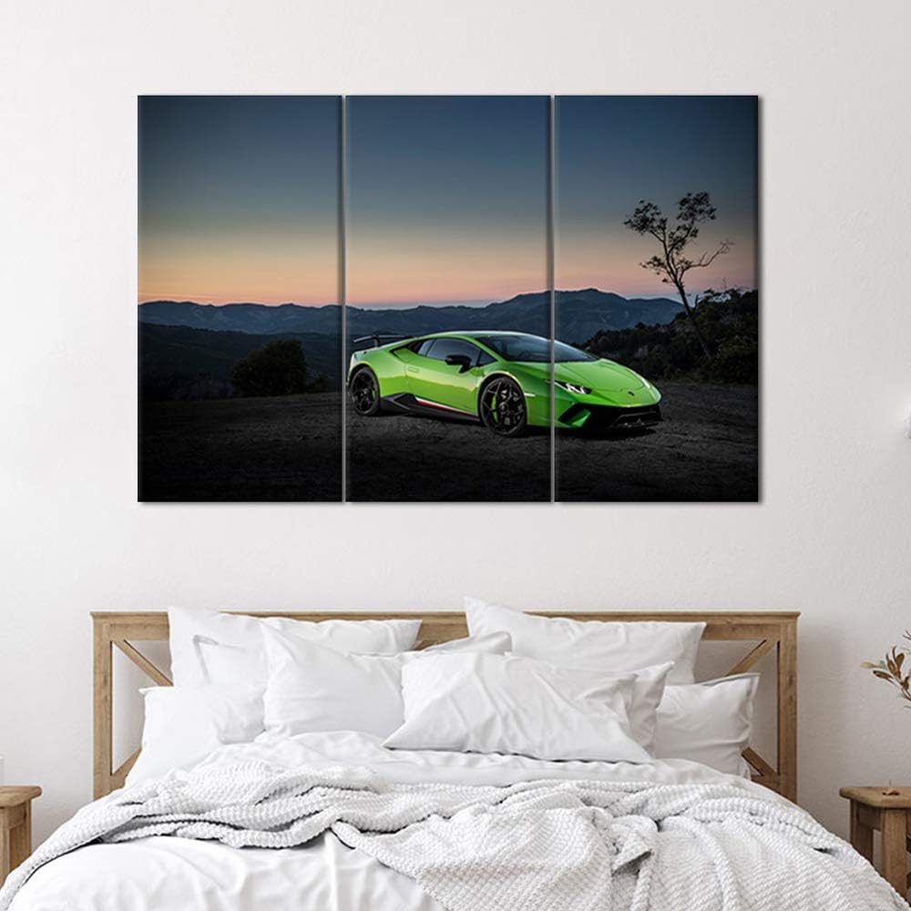 TUMOVO 3 Piece Canvas Wall Art - Green Sports Car on The Mountain Top- Modern Home Decor Stretched and Framed Ready to Hang - 12 x 24 inch x 3 Pieces