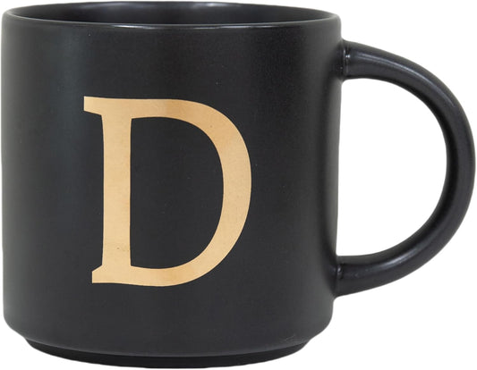 COLLECTIVE HOME - Monogram Ceramic Mugs, 15 oz Golden Initial Black Coffee Cups, Elegant Alphabet Tea Mugs, Elegant Personalized Mug with Gift Box, Unique Mug with Double Side Capital Lette (D)