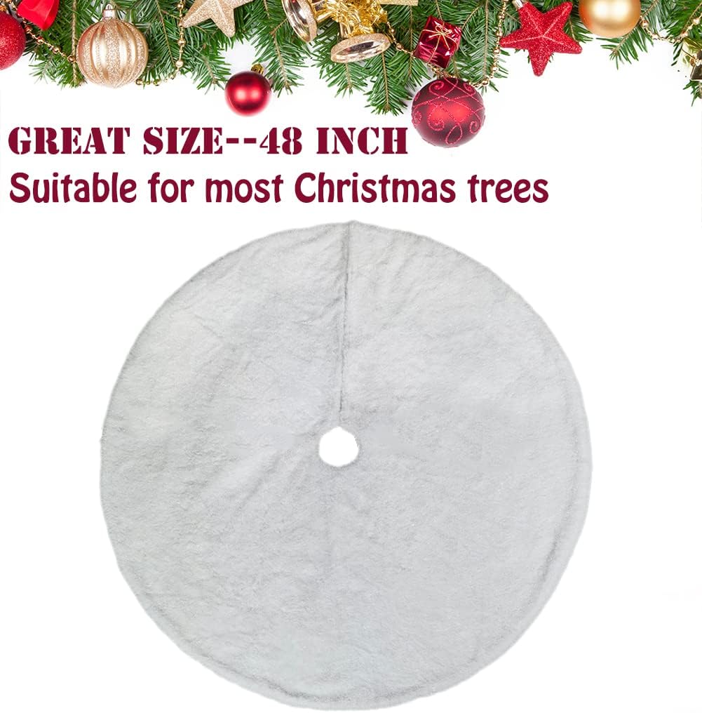 AOGU 48 Inch Faux Fur Christmas Tree Skirt White Shiny Plush Skirt for Merry Christmas Party Christmas Tree Decoration