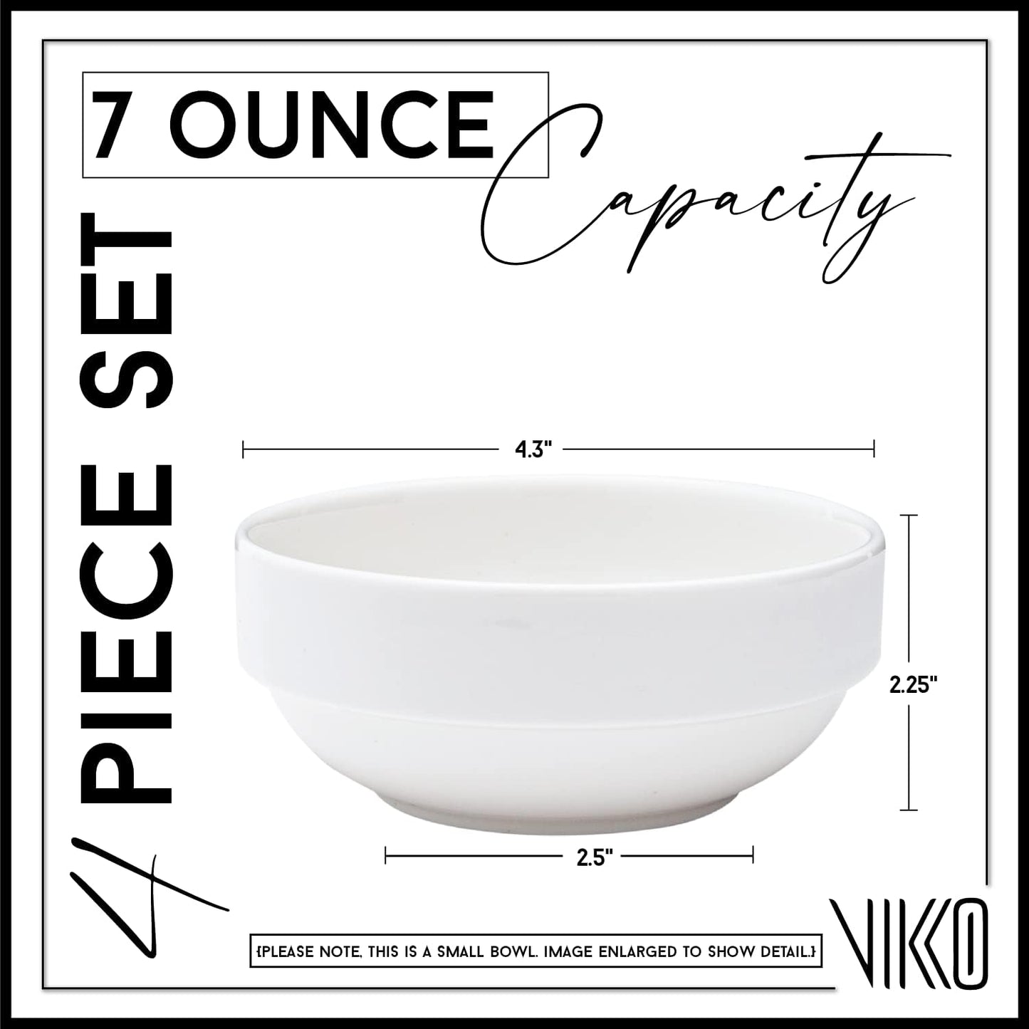 Vikko Small 7 Ounce White Bowl, Set of 4 White Dessert Bowls, Fine Porcelain, Stackable Small Snack Bowl, Dishwasher Safe