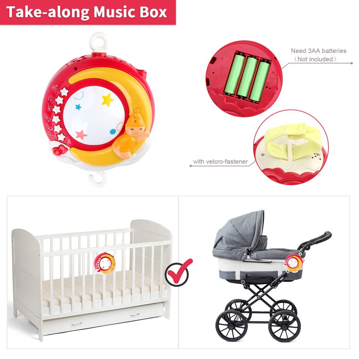Mini Tudou Baby Musical Mobile Crib Toys with Projector and Light, Timing Function, Remote Control Baby Cot Mobile with Take Along Music Box and Rattles, Present for Newborn Babies Boys Girls