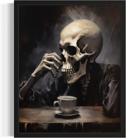 Skull Drinking Coffee Poster Art Print, Halloween Scary Vintage Wall Art Academia Spooky Painting Decoration for Horror Prints, Gothic Posters Bedroom Decor 89 (Skull Drinking Coffee, 8 x 10 inches, Unframed)