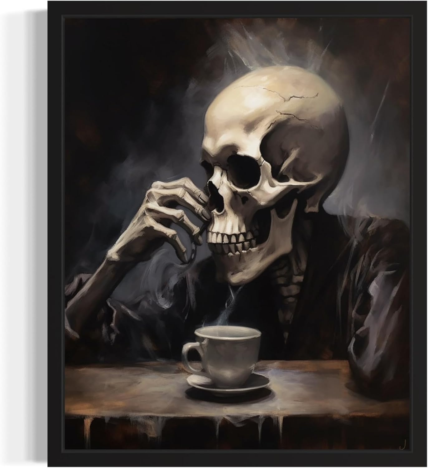 Skull Drinking Coffee Poster Art Print, Halloween Scary Vintage Wall Art Academia Spooky Painting Decoration for Horror Prints, Gothic Posters Bedroom Decor 89 (Skull Drinking Coffee, 11 x 14 inches, Black Frame)