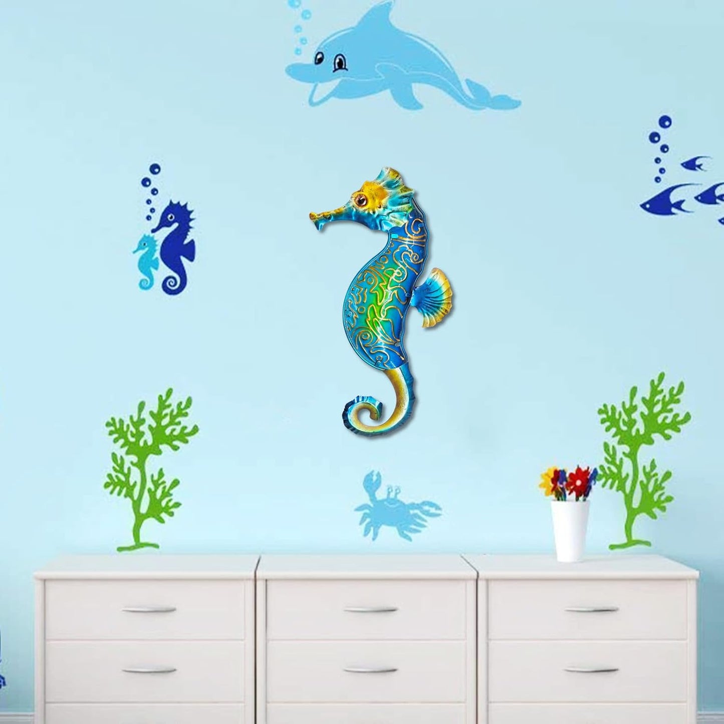 John's Studio Seahorse Sea Wall Decor Outdoor Metal Garden Hanging Art Glass Sculptures Home Ocean Theme Decorations for Kitchen Bathroom and Pool
