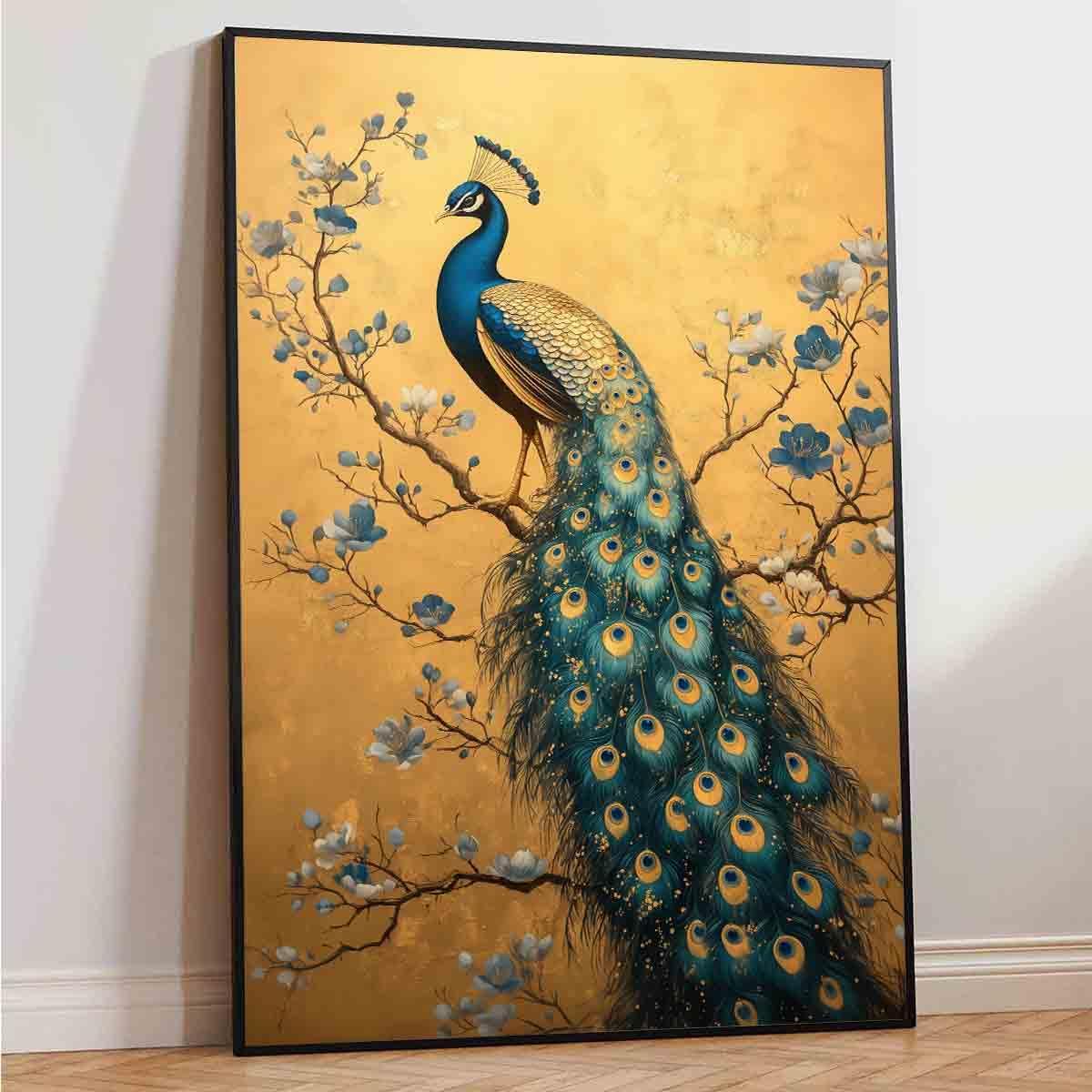 Elegance Peacock Wall Art Blue Peacock Painting Abstract Bird Wall Art Vintage Bird Poster Vintage Animal Picture Blue Animal Print Flower Modern Abstract Living Room Decor 16x24inch No Frame