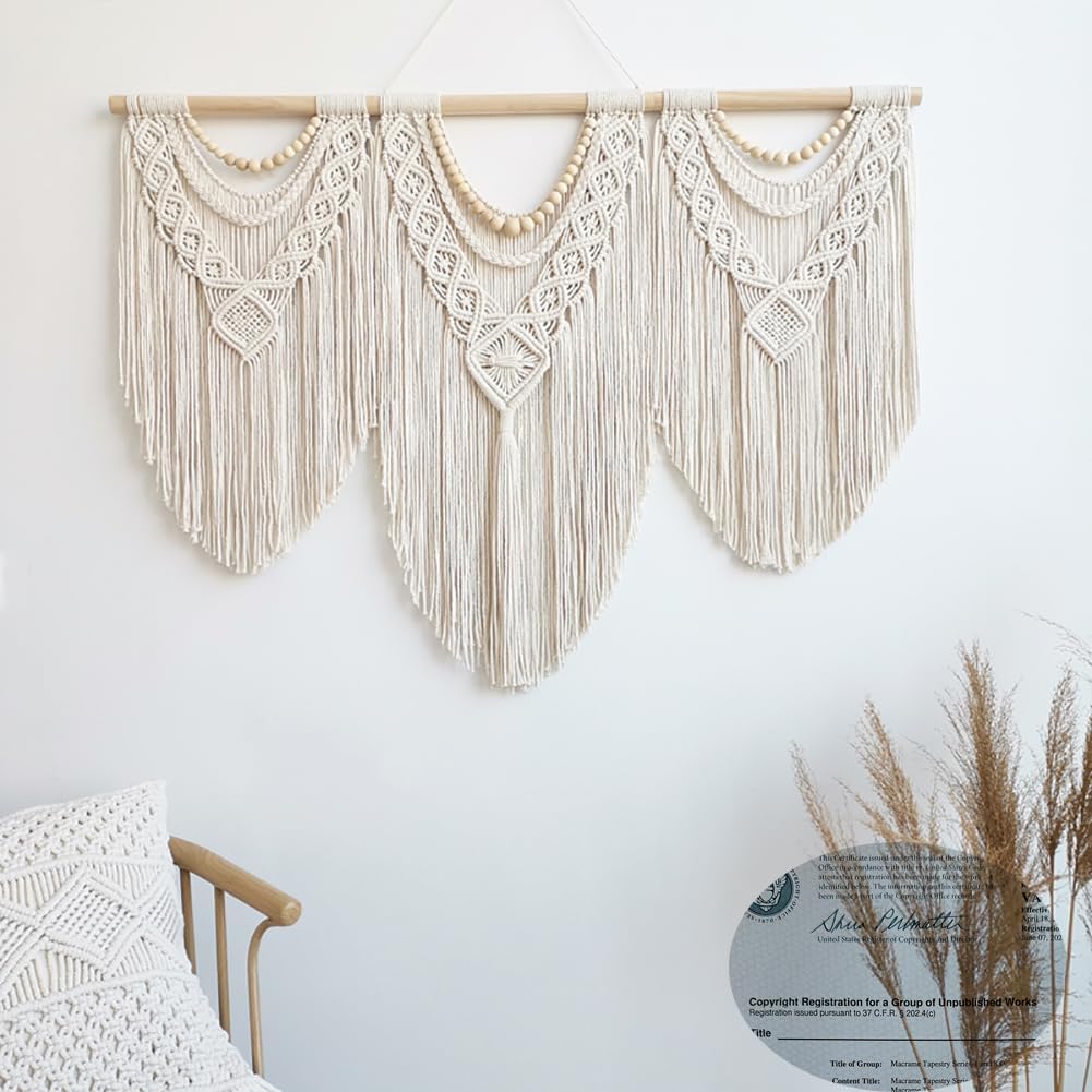 Achart Macrame Wall Hanging Large- Boho Wall Decor- large wall art- Wall Decor Living Room- Macrame Tapestry Boho Decor for Bedroom (Wooden Bead)