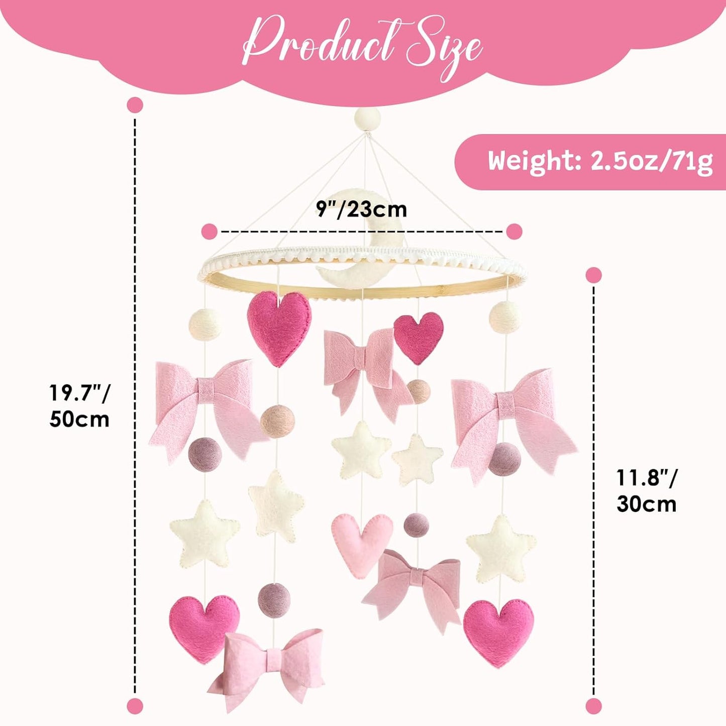 Baby Mobile for Crib Pink Bow Baby Crib Mobile for Girls Handmade Coquette Bow Nursery Decor for Infant Bedroom Hanging Pink Girls Room Decor for Bassinet Gender Reveal Newborn Gifts