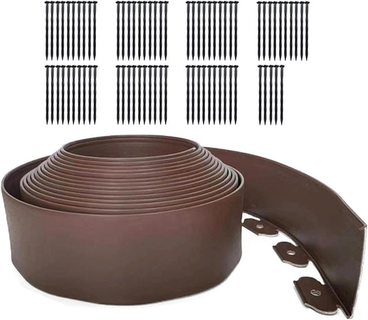 49FT Landscape Edging, 4 in Tall Garden Edging Borders with 75 Spikes,Flexible Lawn Edging Plastic Borders for Garden, Flower Beds, Pavement-Brown