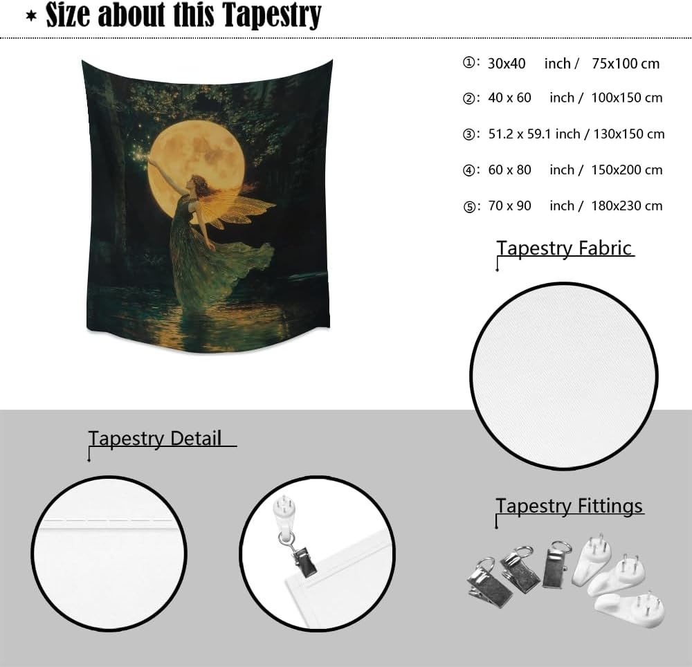 Whimsical Fairy Tapestry Fantasy Moonlight Fae Goddess Print Moody Gothic Aesthetic Wall Hanging Magical Forest Pictures Dark Cottage Witchy Tapestries for Girls Room Bedroom 30x40inch