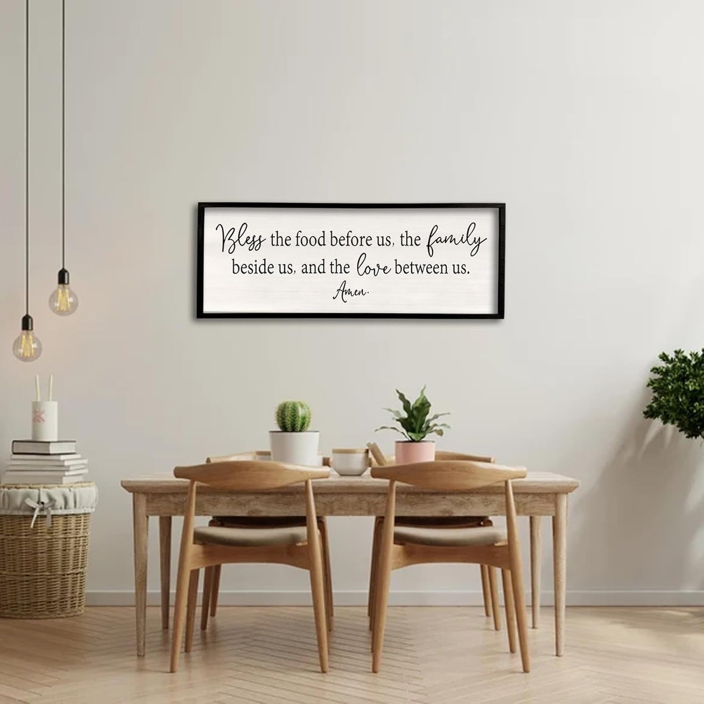 Bless the Food Before Us Sign Wall Decor 32''×12'' Large Farmhouse Dining Room Wall Decor Framed Wood Rustic Home Wall Art Kitchen Decoration (Black)