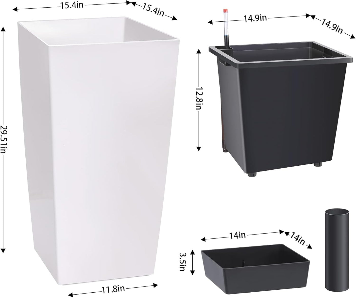 30 Inch Tall Planters Set of 2, Front Porch Self Watering Pots with Drainage Holes ＆ Water Level Monitor ＆ Inner Bucket
