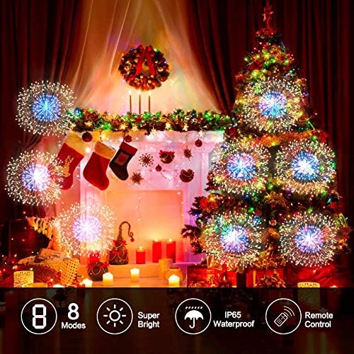8 Pack Firework Lights 180 Led Copper Wire with 8 Models Power Supply Remote Control Waterproof Outdoor Hanging for Decor Garden Party Christmas