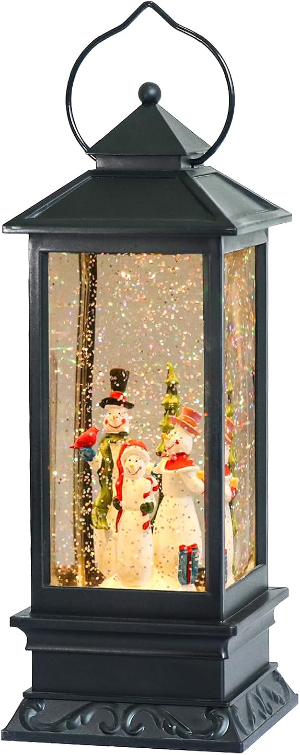 Eldnacele Singing Battery Operated Musical Lighted Christmas Snowman Water Glittering Swirling Snow Globe Lantern with Music Christmas Home Decoration and Gift, Snowman Family