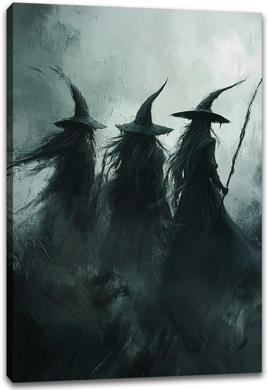 Gothic Witchs Horror Halloween Wall Art,Three Witches in Moody Forest Painting Wall Decor,Autumn Spooky Witches Forest Canvas Printing For Gallery Living Room Bedroom,12"x18" Framed