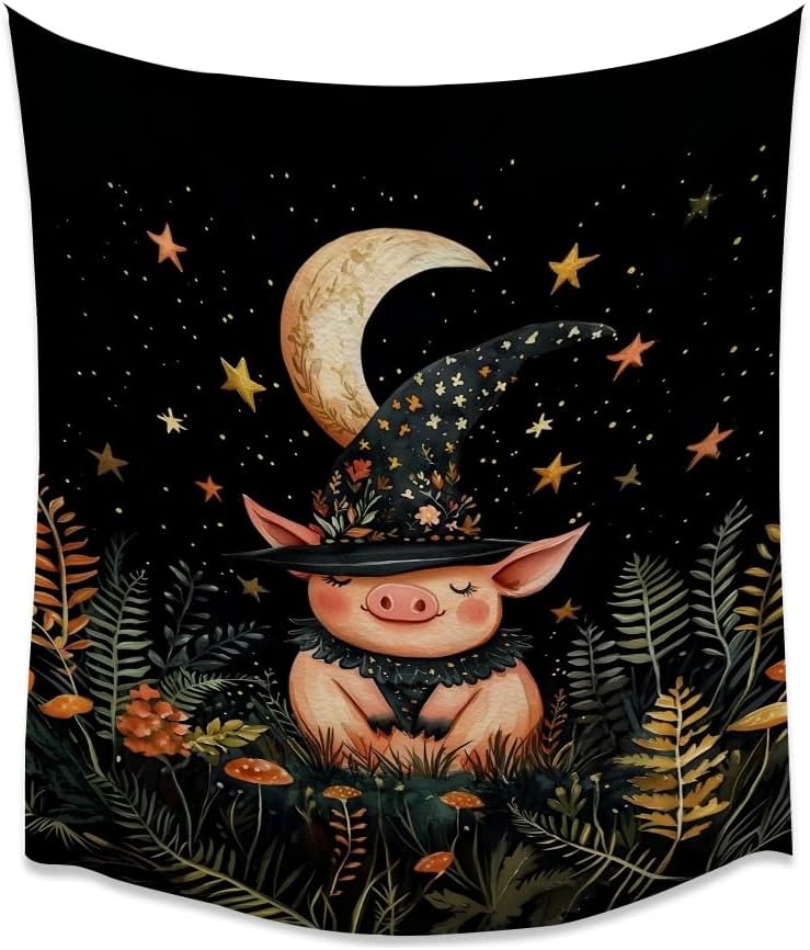 Whimsical Witch Pig Tapestry Wall Hanging Cute Farmhouse Animal Tapestry Aesthetic Moon and Stars Pictures Print Cottagecore Witchy Halloween Artwork Tapestries Decor for Living Room Bedroom 70x90inch