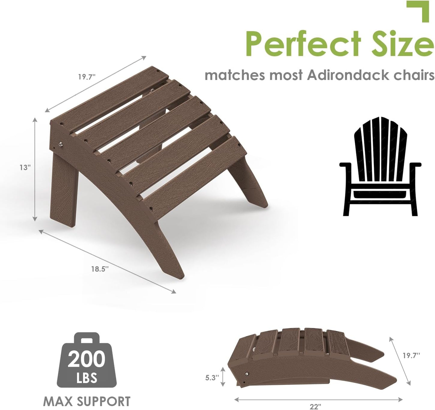 GREENVINES Adirondack-Ottoman | Wood Grain | HDPE Plastic | Outdoor Footrest | All Weather | Foot Rest | Foot Stool | Dark Brown | for Adirondack Chair