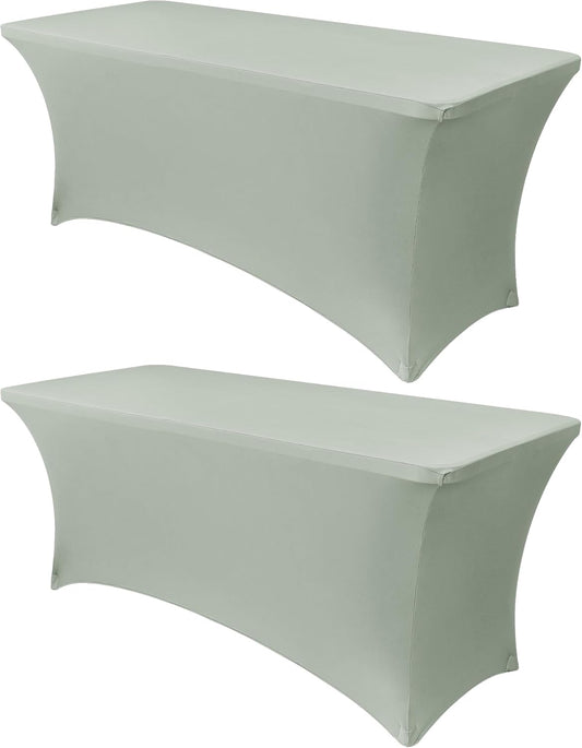 Obstal 2PC Sage Green Tablecloth - 8ft Rectangle Spandex Table Cover for Party, Events, Banquets & Weddings, Machine Washble