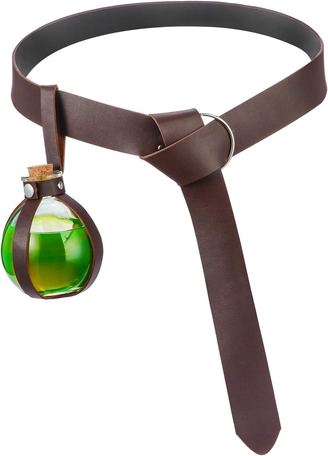 Boao Potion Bottles with Cork Set Dark Magic Cork Round Potion Bottle with Leather Belt Clear Glass Large for Halloween Costume Props DIY Crafts Decorative, 200 ml(Brown)