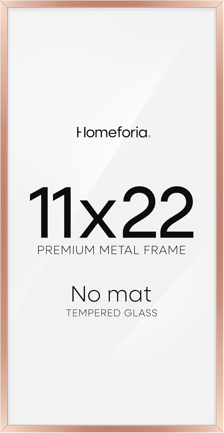 Homeforia 11x22 Newspaper Frame Rose Gold, High End Metal 11 x 22 Picture Frame without Mat, 22x11 Thin Rose Gold Poster Frames for Wall, 11by22 Display Photo Frame, Tempered Glass, Wall Kit, Set of 1