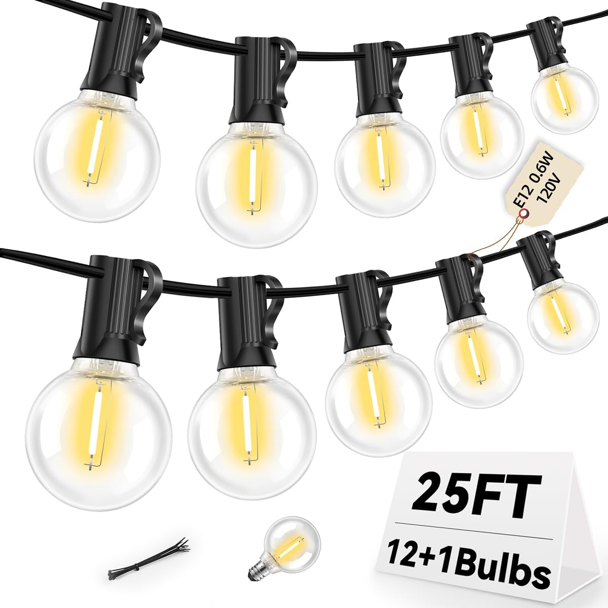 25FT G40 LED Outdoor String Lights with 12+1 Bulbs, E12 Socket, 2700K Warm White, Commercial Grade Weatherproof & Connectable for Garden, Patio, Backyard, Bistro, Porch, Deck, Gazebo, Camping, Party