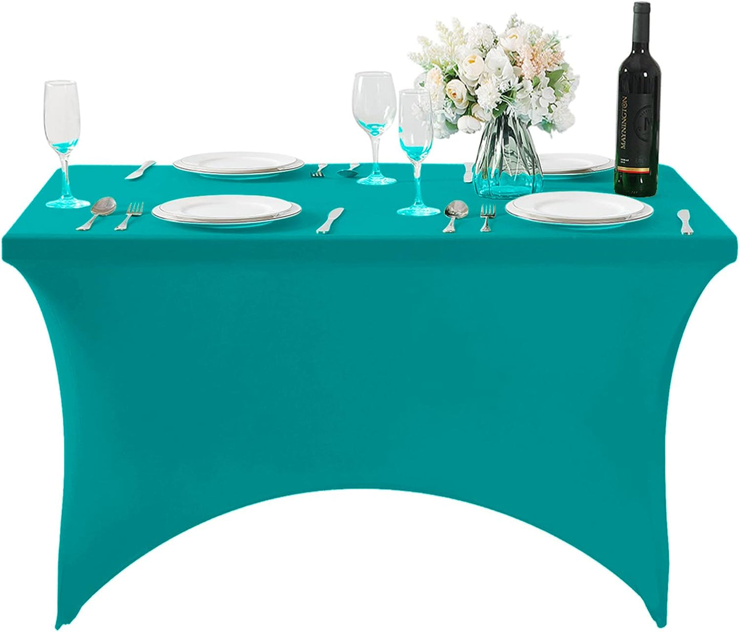 SuperO 2Pack Waterproof Spandex Table Cover for 4FT Table Universal Fitted Stretch Tablecloth for Party, Banquet, Wedding and Events-Turquoise