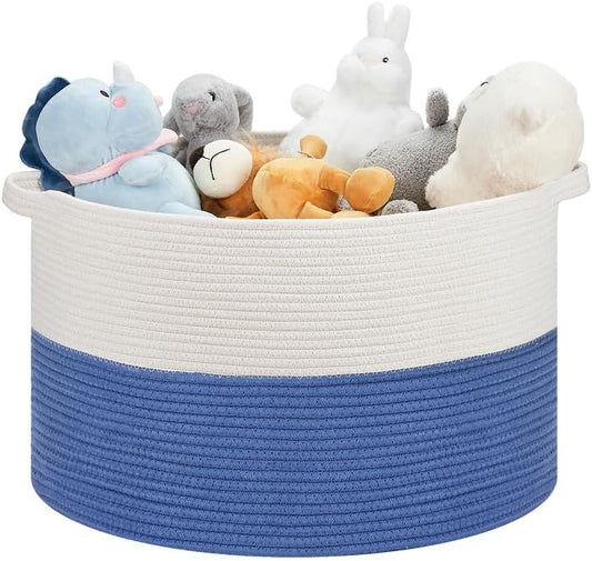 Ravinte Large Storage Basket - 22"x 22"x 14" Blanket Basket for Living Room, Baby Toy Storage Basket, Cotton Rope Basket Woven Laundry Basket (White-Blue)