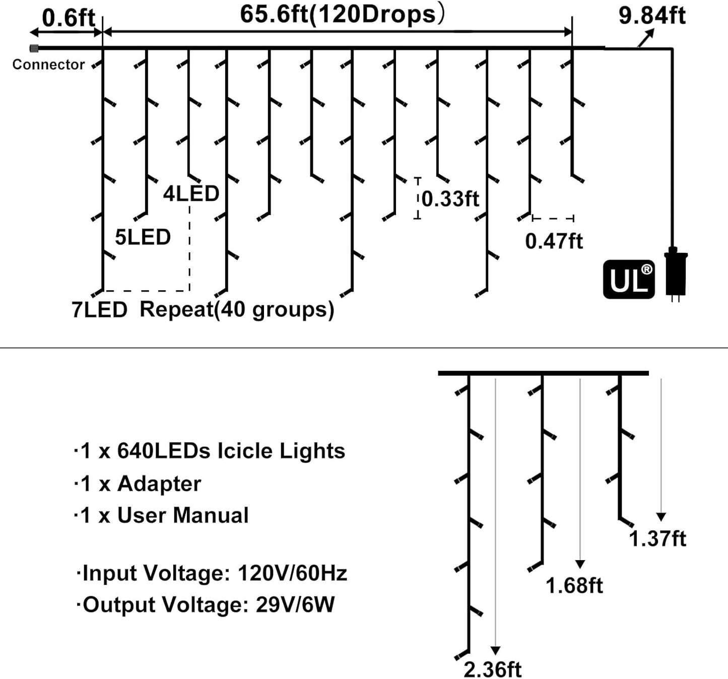 Warm White Christmas Lights Outdoor, 66ft 640 LED Icicle Lights for Outside House with Connectable Clear Wire 8 Modes Timer, Plug in Waterproof for Eaves Yard Party Indoor Holiday Decoration