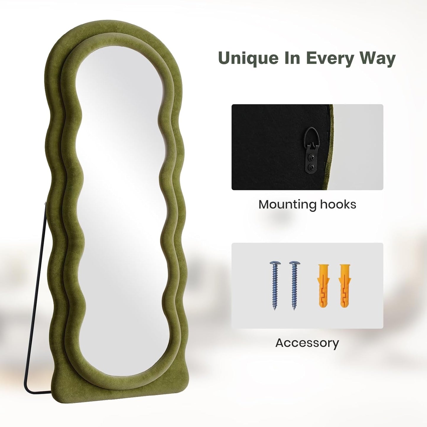 Full Length Mirror 63"x24" Arched Wavy Full Body Wall Mounted Floor Mirror with Stand Green Flannel Frame Leaning Hanging Wall Mirror for Bedroom Entrance Hallway