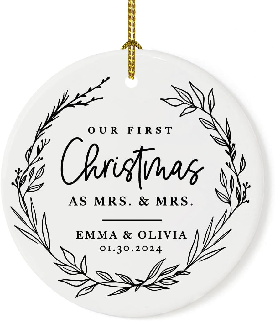 Andaz Press Personalized Our First Christmas As Mrs. & Mrs. 2025 Christmas Ornaments Modern Farmhouse Wreath 2.8" Round Porcelain Ceramic Lesbian Married Couple Gay Women Newlyweds Keepsake 1-Pack