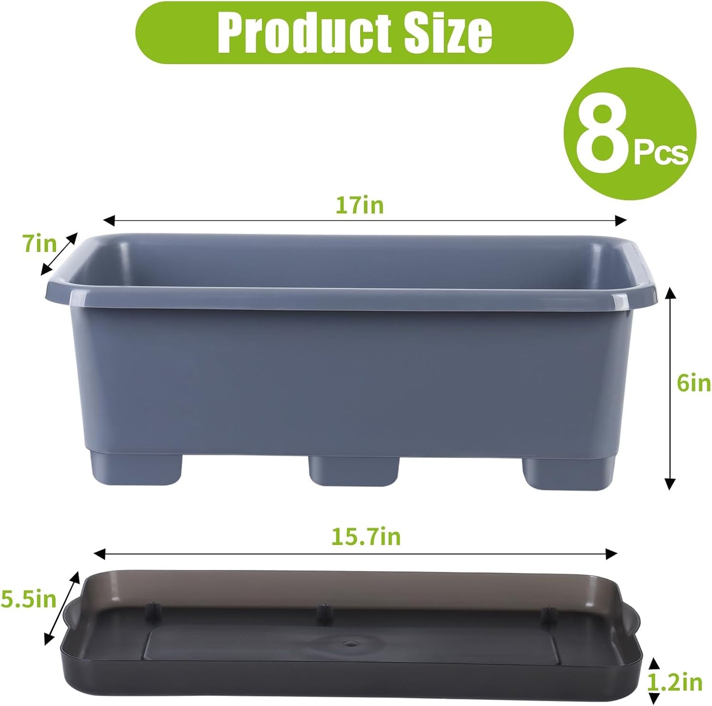 Window Box Planter 8 Pcs, 17 Inches Rectangle Flower Pots with Drainage Holes and Trays, Vegetable Planters for Windowsill Patio Garden Balcony Home Porch Yard Indoor Outdoor (Grey)