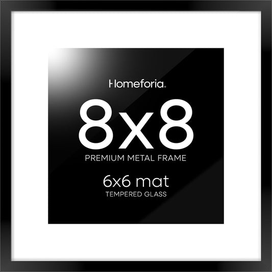 Homeforia 8x8 Black Picture Frame, High End Metal 8 x 8 Square Photo Frames with Mat 6 by 6, 8x8 Poster Frame Matted to 6x6 inch Print, 8by8 Wall or Tabletop Frames, Tempered Glass, Wall Kit, Set of 1