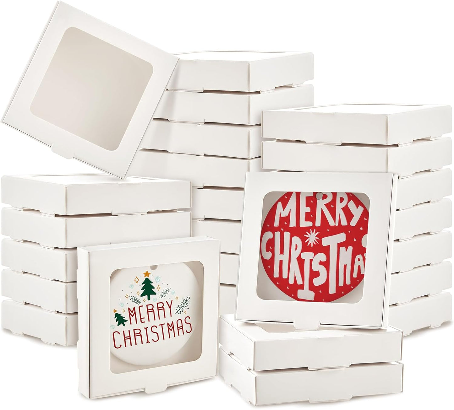 25 Pcs Sublimation Ornament Blanks Box 3.6"x3.6"x0.7" Christmas Ornaments Holder Ceramic Discs Packaging Box with Window for Personalized Xmas Tree Blanks Bulk (White)