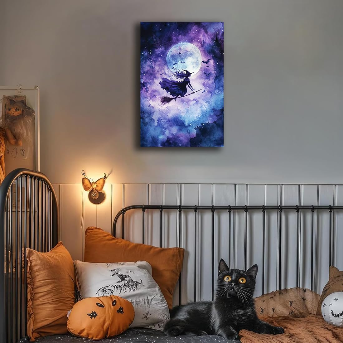 Witch On Broom Flying Wall Art,Gothic Halloween Canvas Wall Art,Victorian Witch Silhouette In Moonlight Broomstick Poster Pictures,Creepy Halloween Purple Night Sky Print,16"x24" Framed