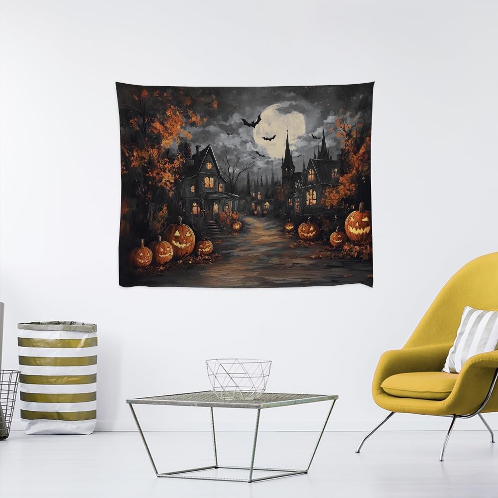 Spooky Halloween Tapestry Haunted Home Bats Pumpkin Tapestry Wall Hanging Dark Academia Fall Full Moon Decor Gothic Ghost Tapestries for bedroom Living Room Decoration 40x60inch