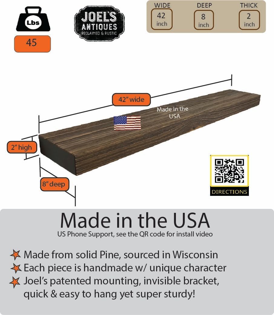 joelsantiques 42 Inch Wooden Floating Shelves for Wall - 42x8x2 in - Made of Natural Wood - Heavy Duty Rustic Wall Shelves Made in USA - Perfect for Living Room, Kitchen - Brown