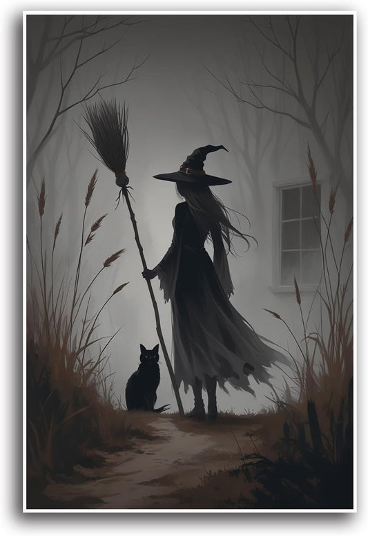 JFHCQJPK Vintage forest witch and black cat poster Halloween mural poster decoration mural art magic suitable for home living room bedroom16x24in Frameless