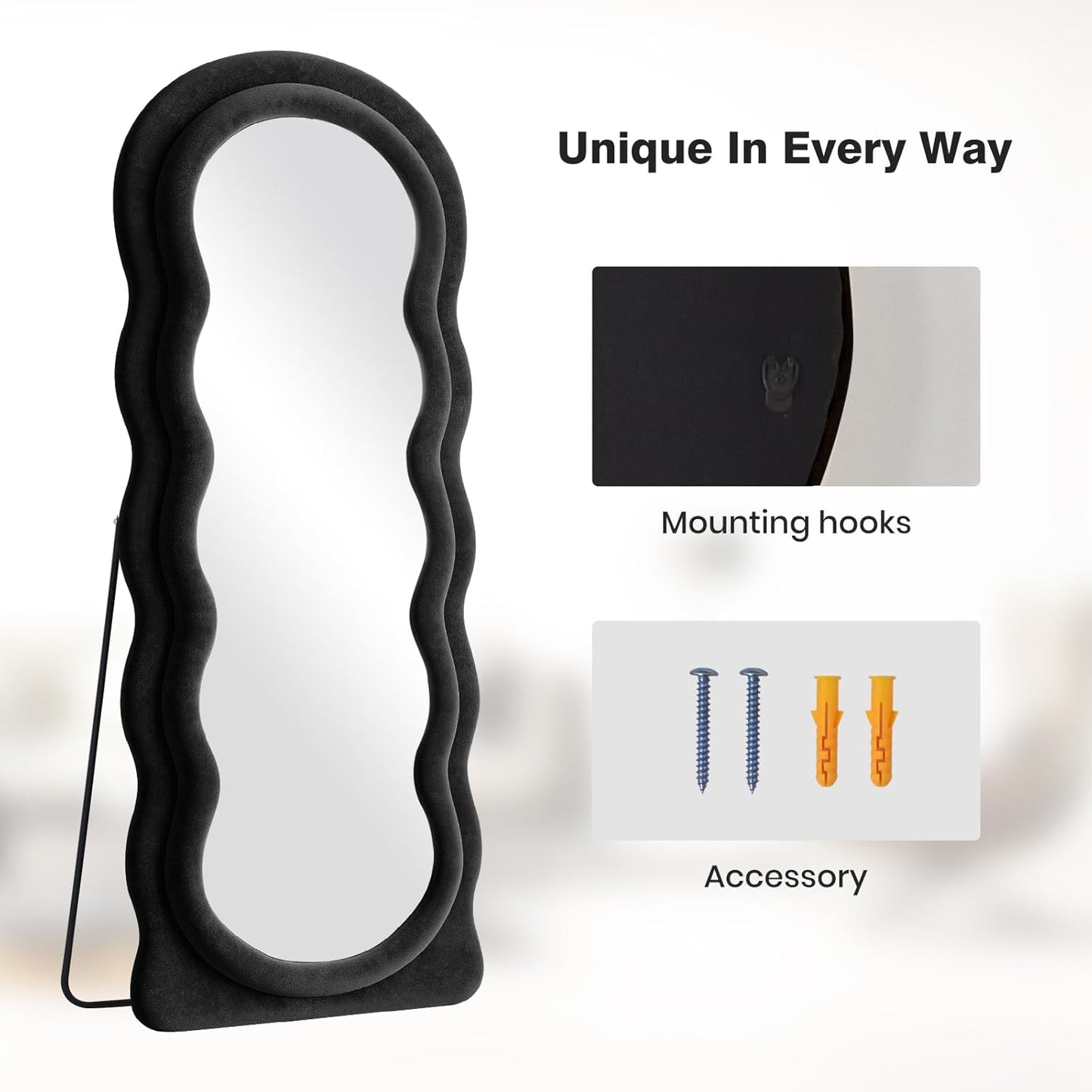 Full Length Mirror 63"x24" Arched Wavy Full Body Wall Mounted Floor Mirror with Stand Black Flannel Frame Leaning Hanging Wall Mirror for Bedroom Entrance