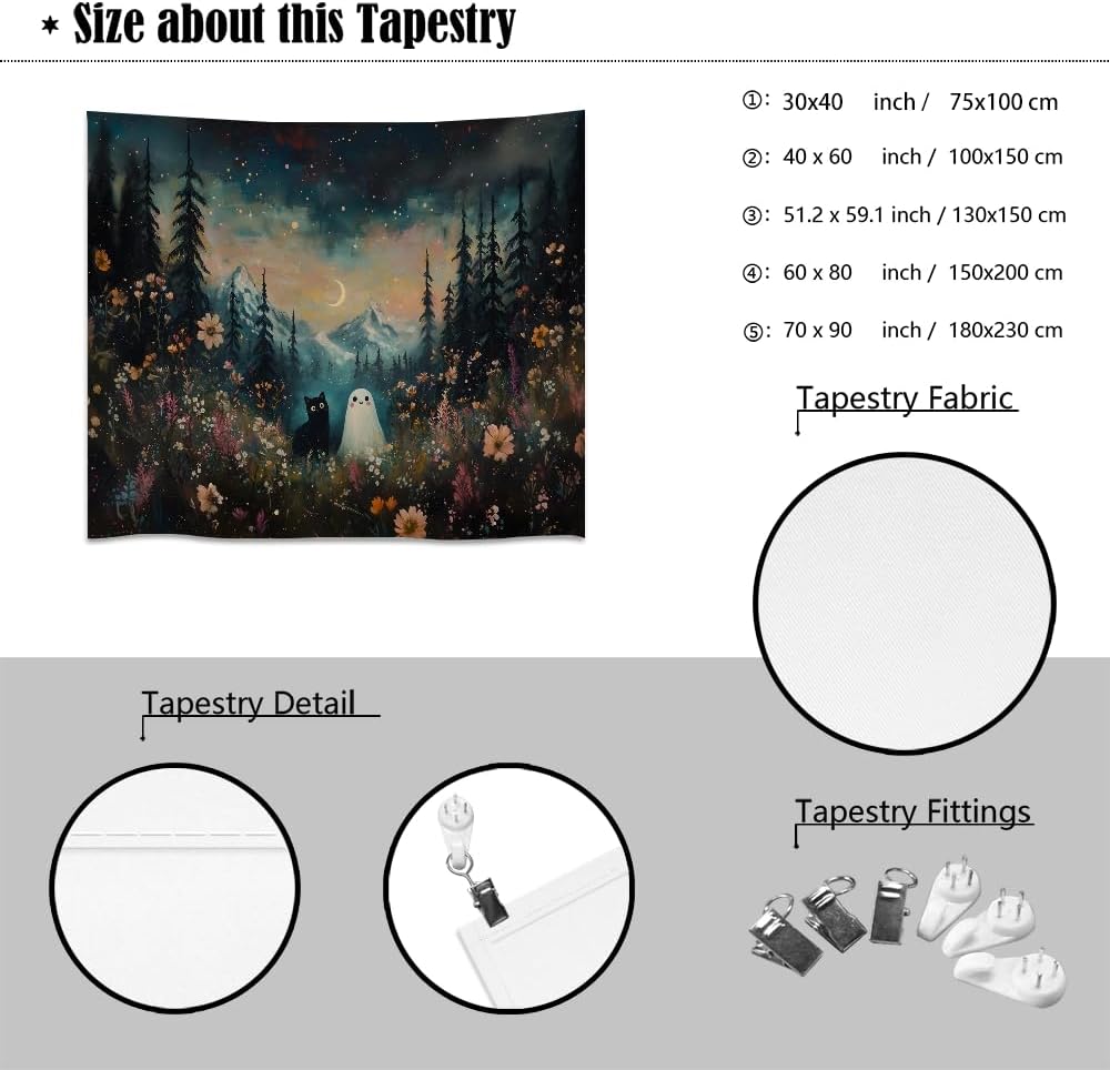 Whimsical Halloween Tapestry Wall Hanging Ghost and Black Cat in Magical Forest Wildflowers Meadow Tapestry Art Print Charming Spooky Fall Season Tapestries for Living Room Bedroom Decor 60x80inch