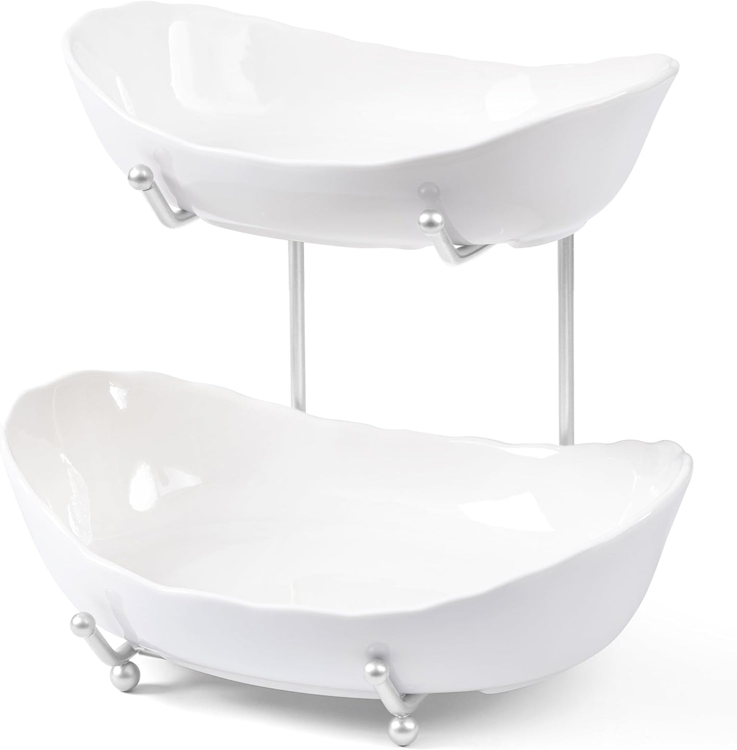 HBlife Fruit Bowl for Kitchen Counter - 2 Tier Ceramic Fruit Bowl with Metal Stand, Tiered Fruit Basket for Kitchen Counter, Serving Platters Serving Trays for Party