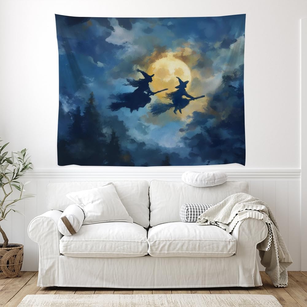 Spooky Halloween Witch Tapestry Wall Hanging Dark Fantasy Night Sky Aesthetic Print Flying Witches Under Full Moon Tapestries Horror Ghost Halloween Party Decor for Living Room Bedroom 60x80inch