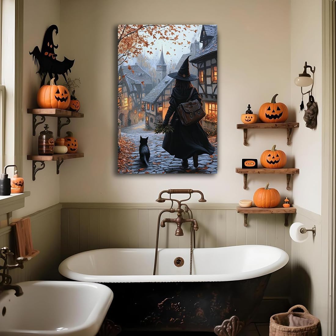 Autumn Witch And Black Cat Picture Wall Decor,Halloween Canvas Vintage Rustic Wall Art,Preppy Bedroom Living Room Bathroom Poster Print,20"x30" Unframed