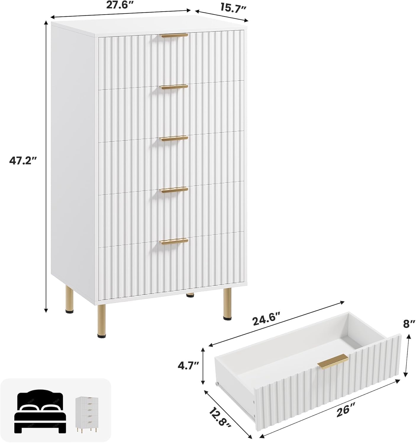 GarveeHome Fluted 5 Drawer Dresser for Bedroom, 47.2" Tall Modern Chest of Drawers with Deep Drawers and Wide Top, Wooden Dresser Organizer for Living Room, Hallway, Kids Room, White