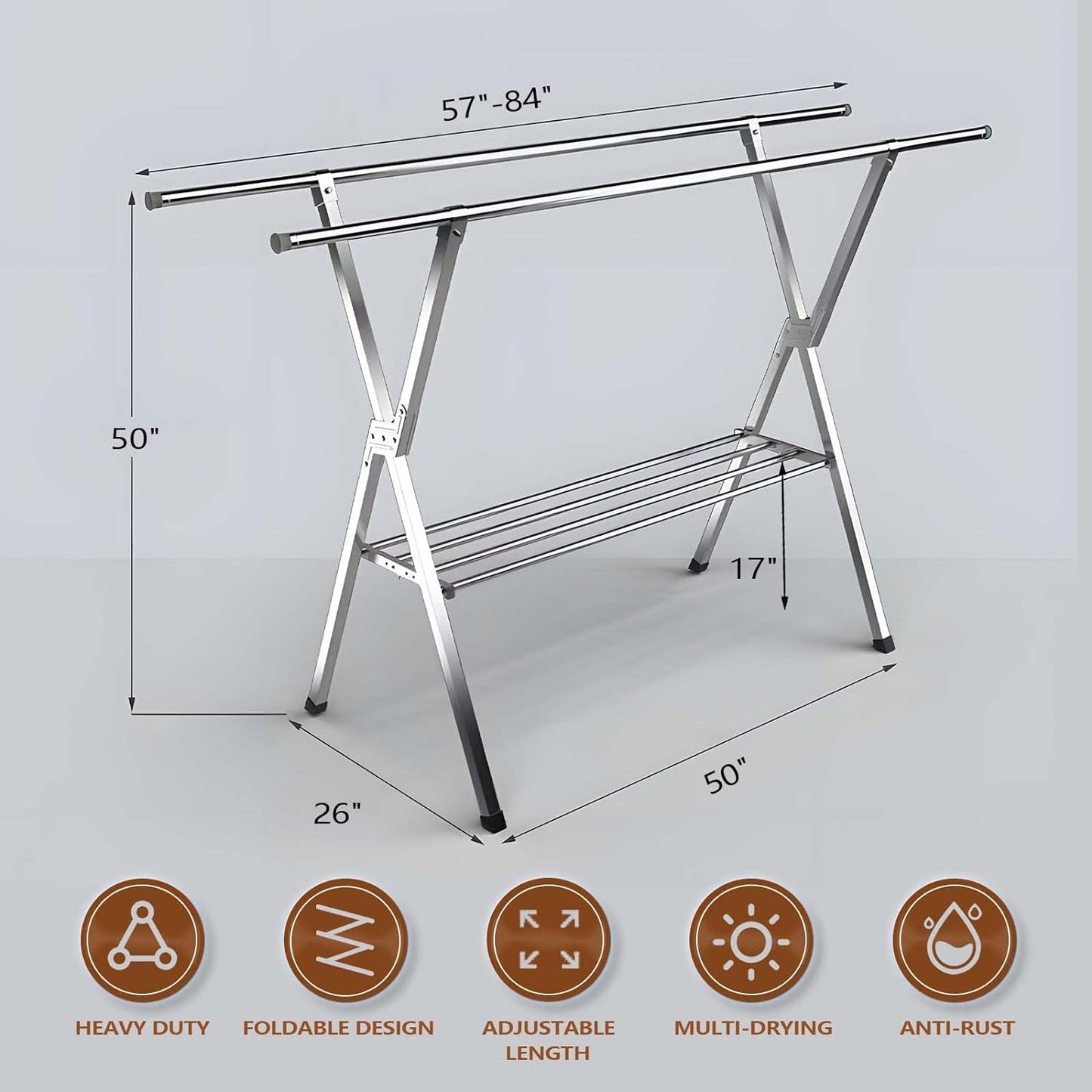 JAUREE Clothes Drying Rack 2 Tiers, Heavy Duty Drying Rack Clothing Folding Indoor Outdoor, Stainless Steel Laundry Drying Rack, Foldable Garment Rack with 20 Windproof Hooks (84 Inches)