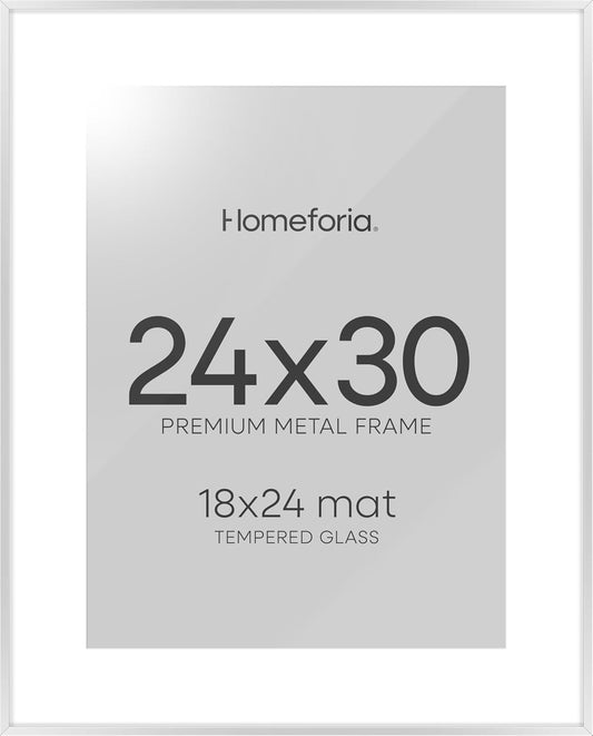 Homeforia Poster Silver Frame 24x30, High End Metal 24 x 30 Large Picture Frames with Mat 18 by 24 for Photo, 24x30 Silver Frames Matted to 18x24 Print, 30x24 Frame, Tempered Glass, Wall Kit, Set of 1