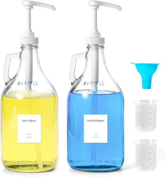 Glass Laundry Detergent Dispenser with Pump, 64OZ Liquid Laundry Soap Dispenser, Fabric Softener Dispenser Bottle for Laundry Room Organization and Storage, 2 Pack